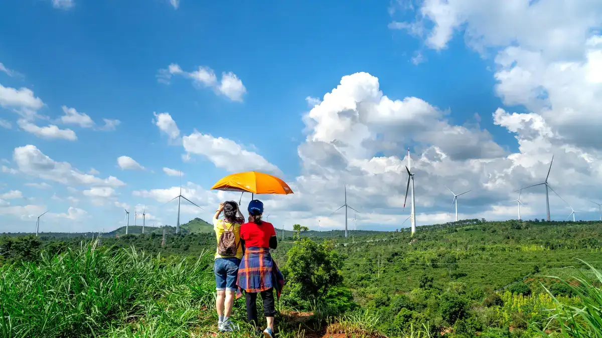 Two people under an umbrella view wind turbines on a sunny rural hillside.